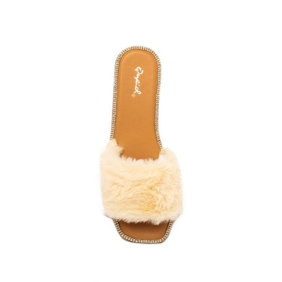FINAL PRICE! Beige Faux Fur Slide Sandals - Picture 3 of 6